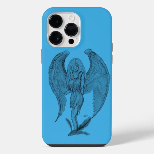 天使の黒と青のデザイン iPhoneケース (裏面)