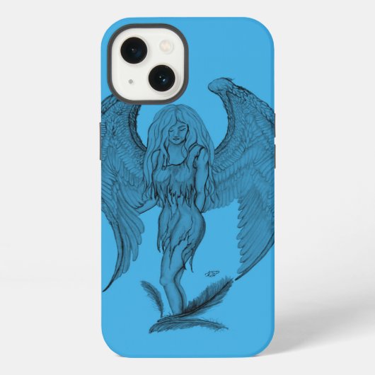 天使の黒と青のデザイン iPhoneケース (裏面)