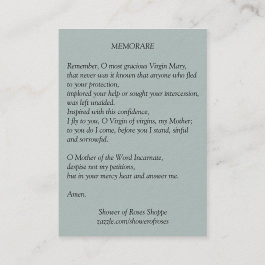 天使のMemorareの祈りの言葉の神聖なカードのメリー女王 名刺 (裏面)