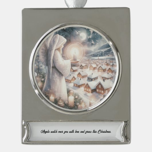 天使は、あなたの北欧のスタイルクリスマスを見守る シルバープレートバナーオーナメント (正面)