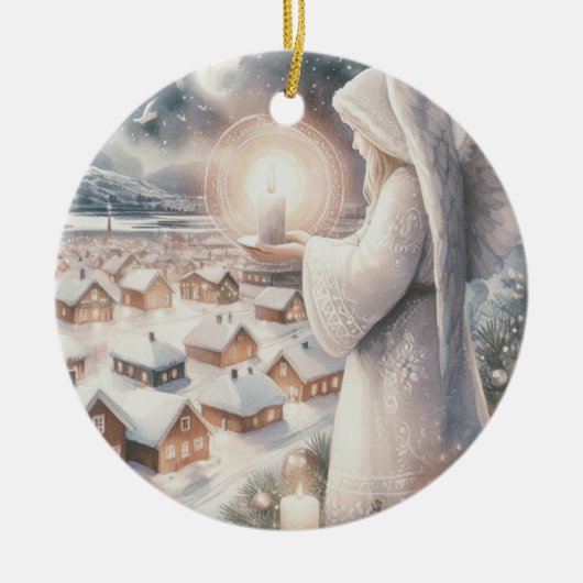 天使は、あなたの北欧のスタイルクリスマスを見守る セラミックオーナメント (正面)
