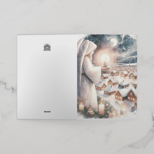 天使は、あなたの北欧のスタイルクリスマスを見守る 箔グリーティングカード (外側レイダウン)