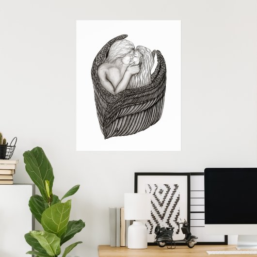 天使キスをする、白黒デザイン ポスター (ホームオフィス)