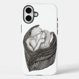 天使キスをする、白黒デザイン iPhone 16 PLUSケース