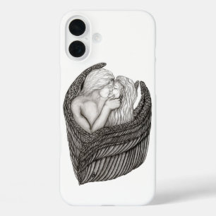 天使キスをする、白黒デザイン iPhone 16 PLUSケース