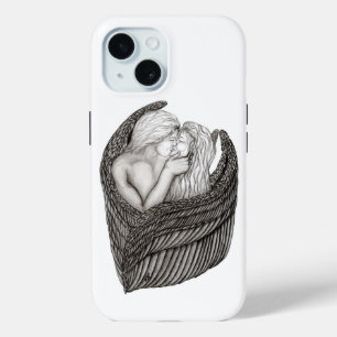 天使キスをする、白黒デザイン iPhone 15ケース