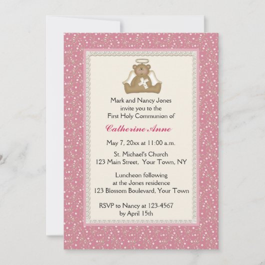 天使クマ、ピンクの白いデイジー宗教招待状 招待状 (正面)