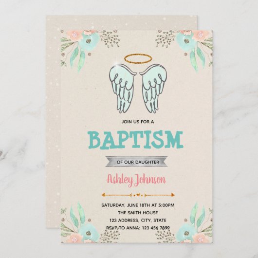 天使バプテスマの誕生日テーマパーティーの招待 招待状 (正面/裏面)