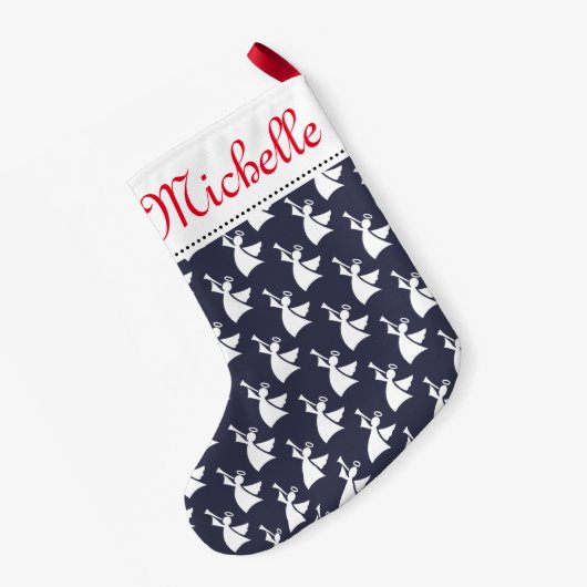 天使パターンが付いているパーソナライズなクリスマスのストッキング スモールクリスマスストッキング (裏面 (吊り時))