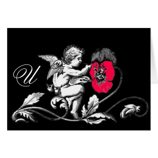 天使絵画のピンクの花モノグラム (正面横)