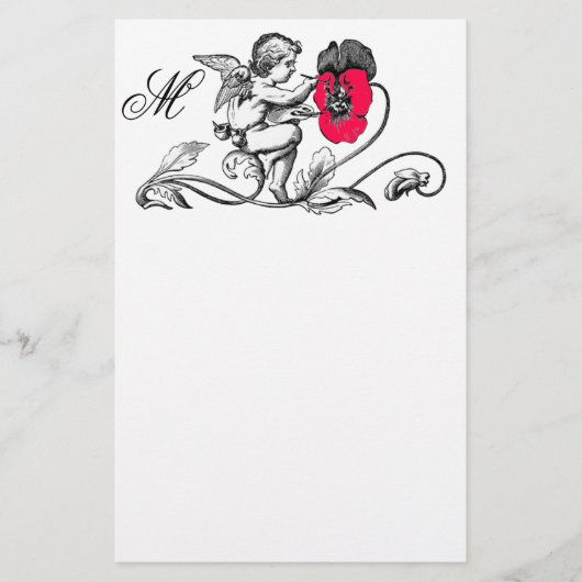 天使絵画のピンクの花モノグラム 便箋 (正面)