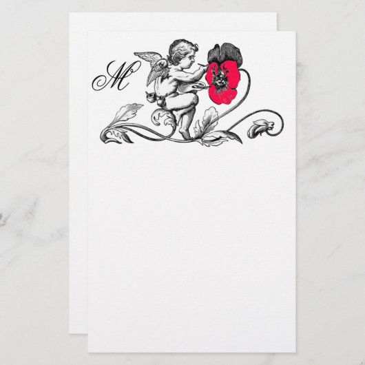 天使絵画のピンクの花モノグラム 便箋 (正面/裏面)