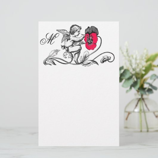 天使絵画のピンクの花モノグラム 便箋 (スタンド正面)