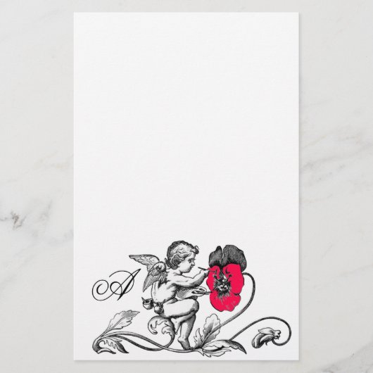 天使絵画のピンクの花モノグラム 便箋 (正面)