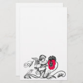 天使絵画のピンクの花モノグラム 便箋 (正面/裏面)