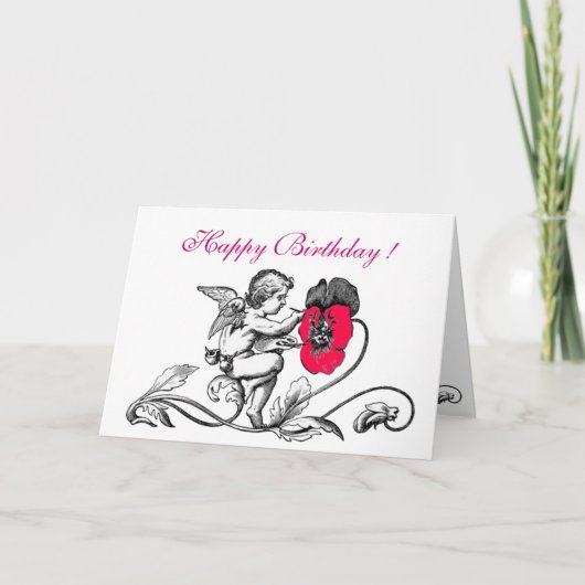 天使絵画のピンクの花誕生日 カード (正面)