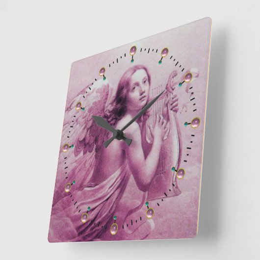 天使遊のライラ雲ピンク スクエア壁時計 (傾斜)