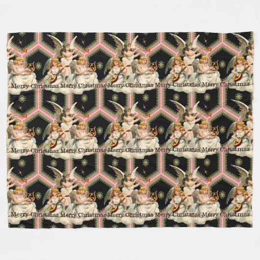 天使音楽ビクトリアンなクリスマスのモノグラム フリースブランケット (正面(横))
