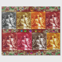 天使、羽、宝石、金ゴールドフローラクリスマス ラッピングペーパー