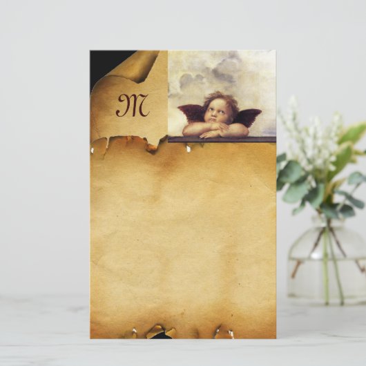 天使/翼のあるケルブ、羊皮紙モノグラム 便箋 (スタンド正面)