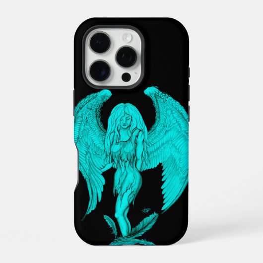 天使、黒と緑のデザイン iPhoneケース (裏面)