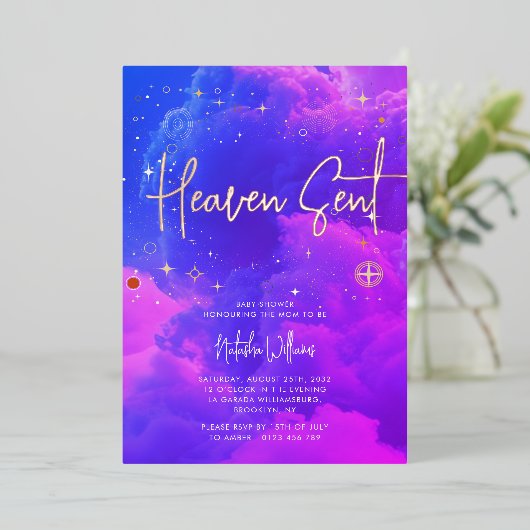 天国が天空のピンクと青の赤ちゃんシャワーを送信 箔招待状 (立ち正面)