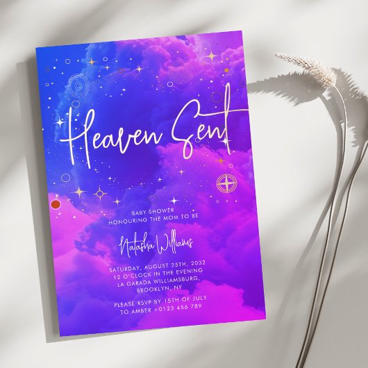 天国が天空のピンクと青の赤ちゃんシャワーを送信 箔招待状