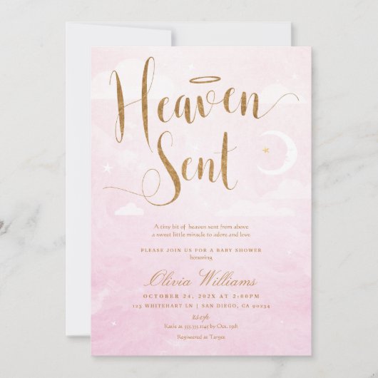天国が赤ちゃんシャワーピンクと金ゴールドを送信 招待状 (正面)