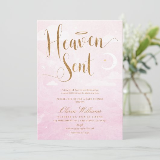 天国が赤ちゃんシャワーピンクと金ゴールドを送信 招待状 (スタンド正面)