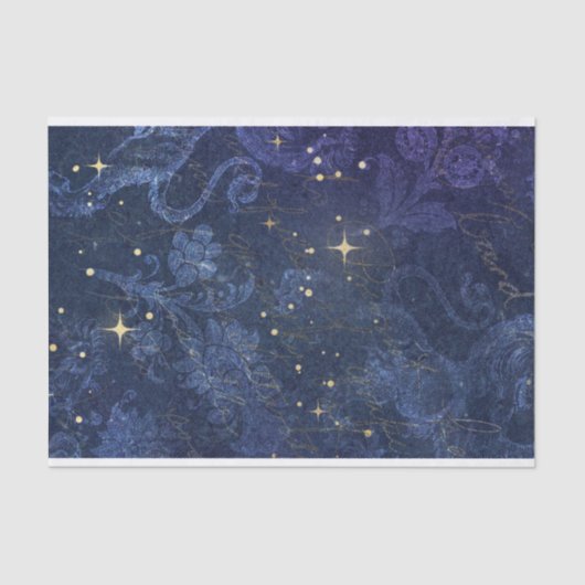 天国のような金色の星が青い花柄のフェードした毛羽立った背景 薄葉紙 (正面)