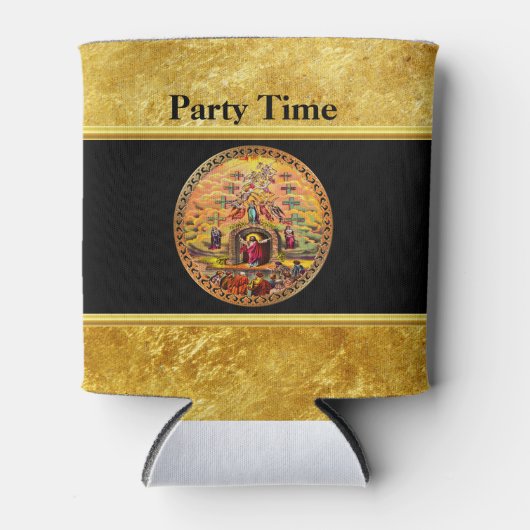 天国の門金ゴールド箔と黒いテクスチャのイエス 缶クーラー (正面)