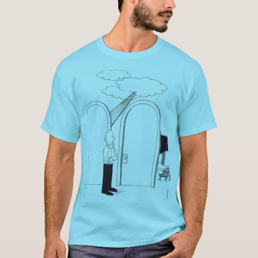 天国へ行くべきか天国についての講義に出るべきか悩む男性 Tシャツ (正面)