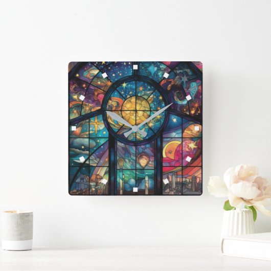 天国ステンドグラスのアートワーク壁時計 スクエア壁時計 (ホーム)