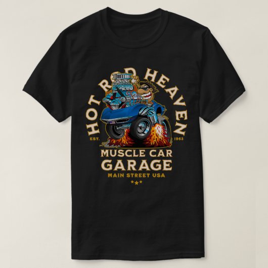 天国改造マッスルカーガレージUSAクラシック車A Tシャツ (デザイン正面)