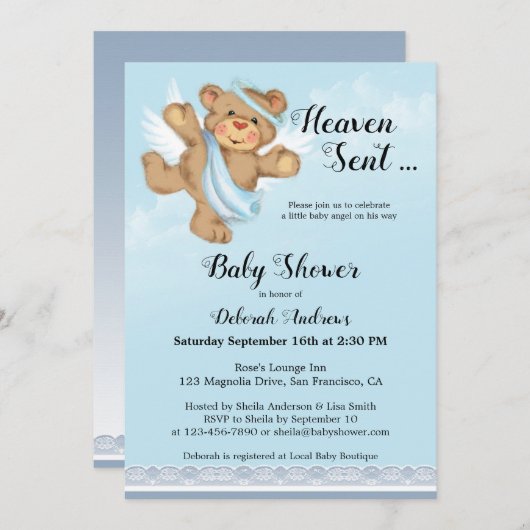 天国送信エンジェルウィングスボーイベビーシャワー招待状 招待状 (正面/裏面)