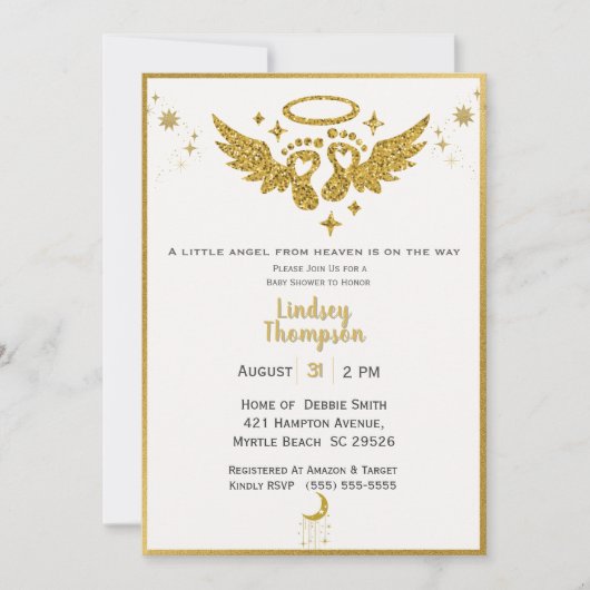 天国送信エンジェル金ゴールドグリッターベビーシャワー 招待状 (正面)
