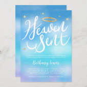 天国送信エンジェル金ゴールドハローブルーベビーシャワー 招待状 (正面/裏面)