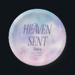 天国送信ガールベビーシャワー ペーパープレート<br><div class="desc">雲と星エレガントのピンクと紫の空の水彩アートを特徴とする夢と赤ちゃんシャワープレート。その文字は「天国が送られた」と言う。</div>