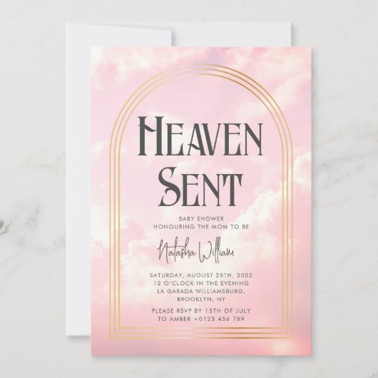 天国送信クラウドスカイピンク赤ちゃんシャワー 招待状 (正面)