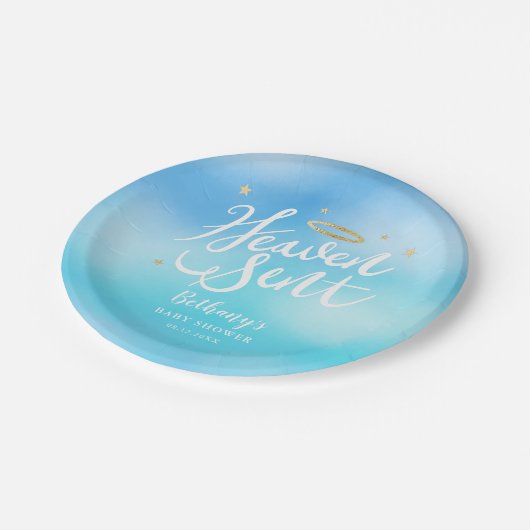 天国送信クリスチャンテーマブルーベビーシャワー ペーパープレート (アングル)