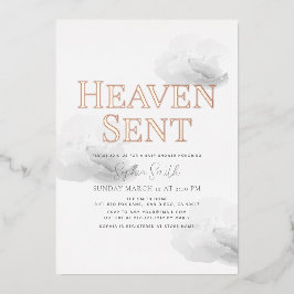 天国送信グレイ雲ジェンダー中立ベビーシャワー 箔招待状