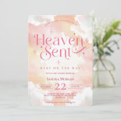 天国送信ピンクカスタムの天使の雲ベビーシャワー 招待状 (スタンド正面)