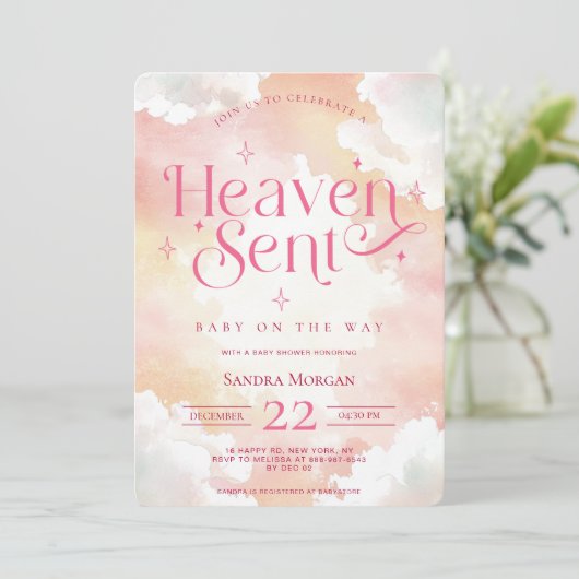 天国送信ピンクカスタムの天使の雲ベビーシャワー 招待状 (スタンド正面)