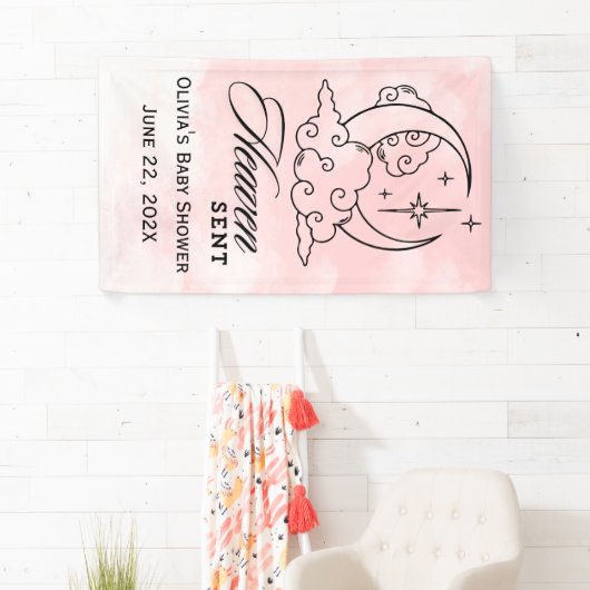 天国送信ベビーシャワーピンクの月の星 横断幕 (インサイチュ)