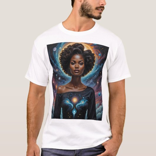 天女神コズミックエネルギーTシャツ銀河系アート Tシャツ (正面)