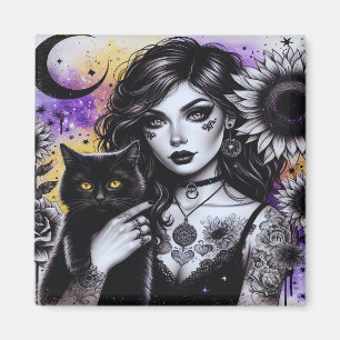 天性ゴシック様式の魔女と黒猫 マグネット