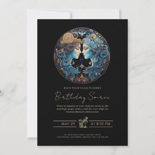 天性双胎〔占星術の〕十二宮図シンボルブラックジェミニ金ゴールド 招待状 (正面)