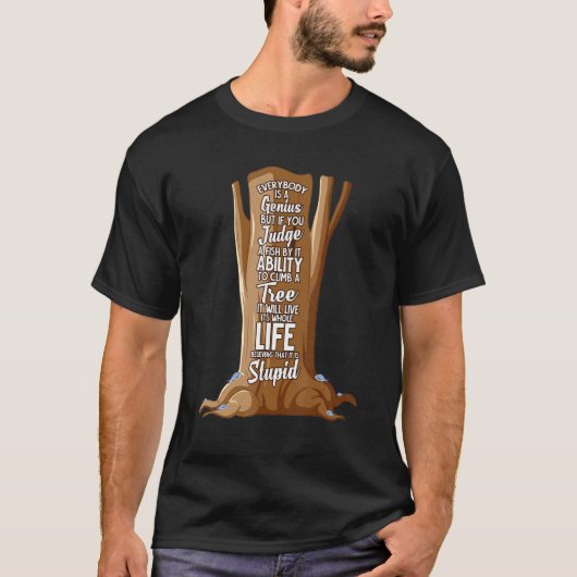 天才の魚 愚かな魚 ポジティブな名言 Tシャツ (正面)