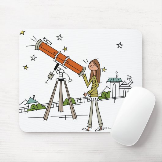 天文学の望遠鏡を使用している女性 マウスパッド (マウス)