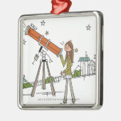 天文学の望遠鏡を使用している女性 メタルオーナメント (左)